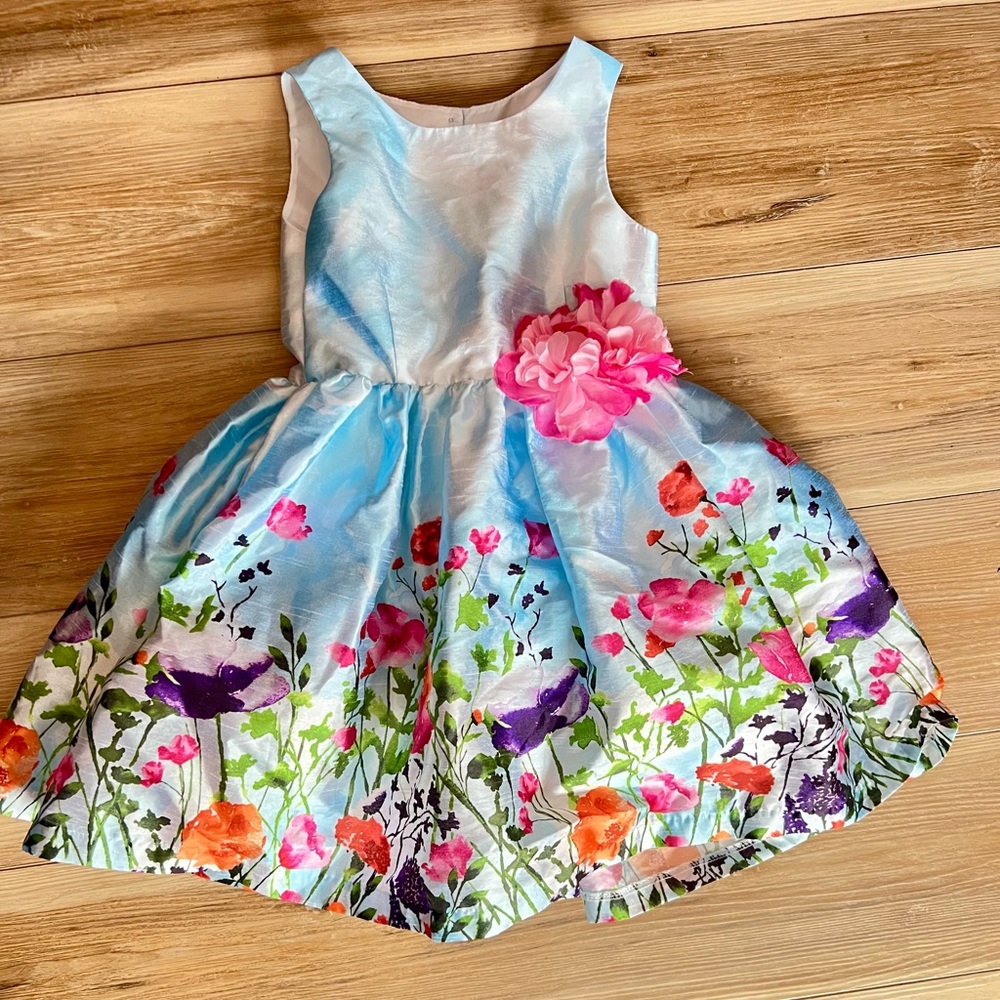 Girls Size 4 Floral Satin Party Dress -Blue Watercolor Wildflower w/ Pink Flower